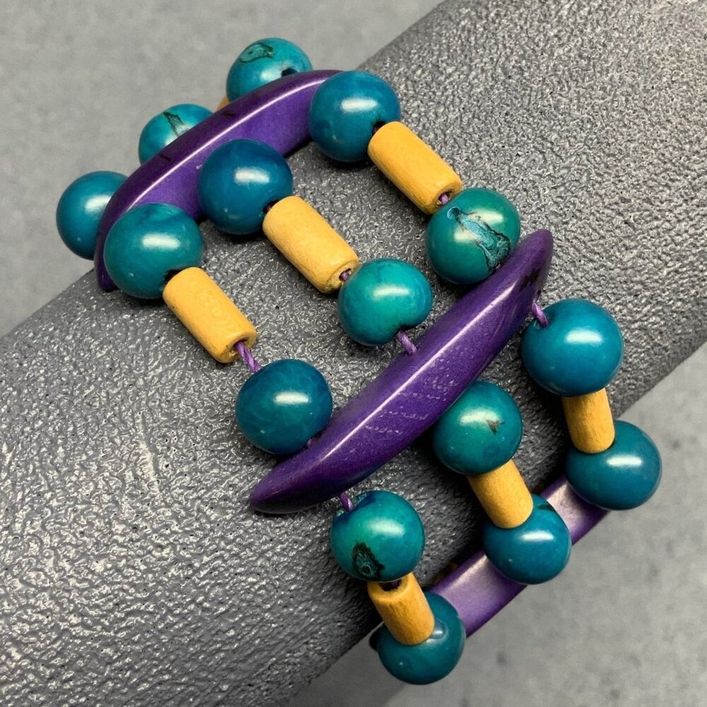 Wooden Beaded Bracelet Adjustable Cord Natural Teal Purple Spacer Bars Pink